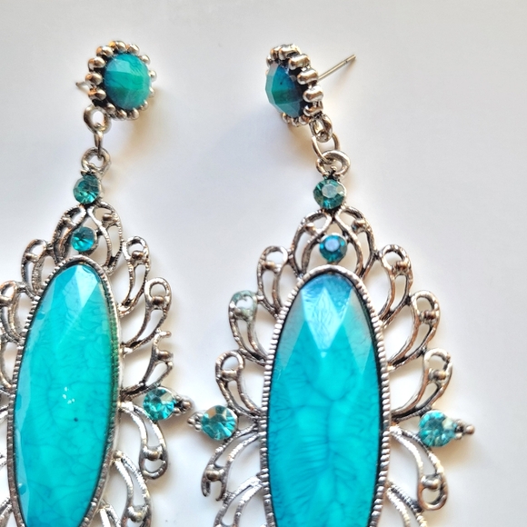 Vintage Style Silver Tone and Turquoise Stone Chandelier Earrings - Post-Back - Picture 3 of 6